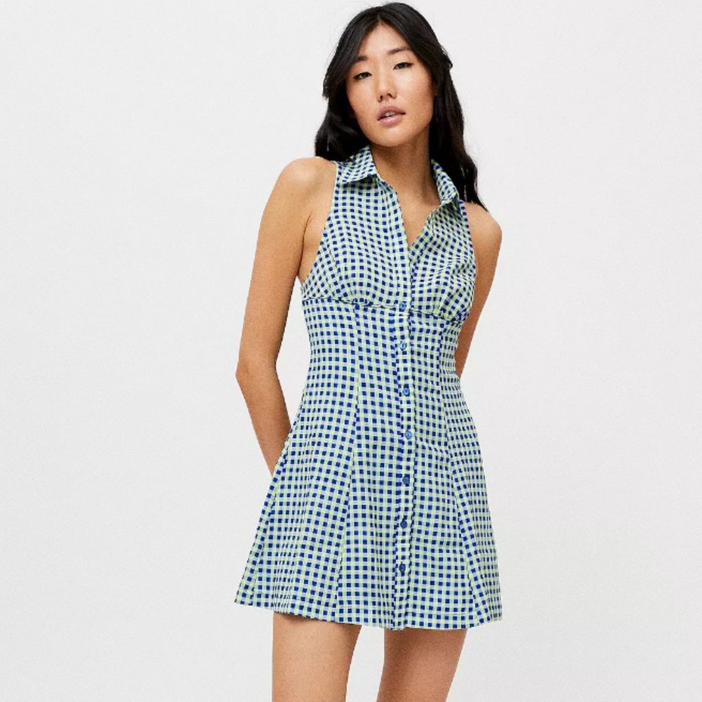UO Tia Blue Gingham Mini Dress In Size S P - New w/o tags